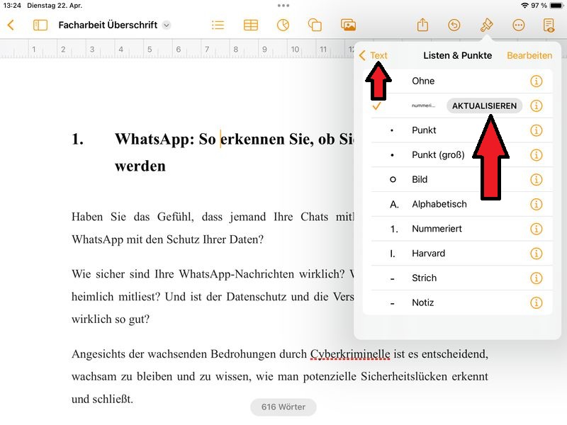 Aktualisierung der Vorlage speichern