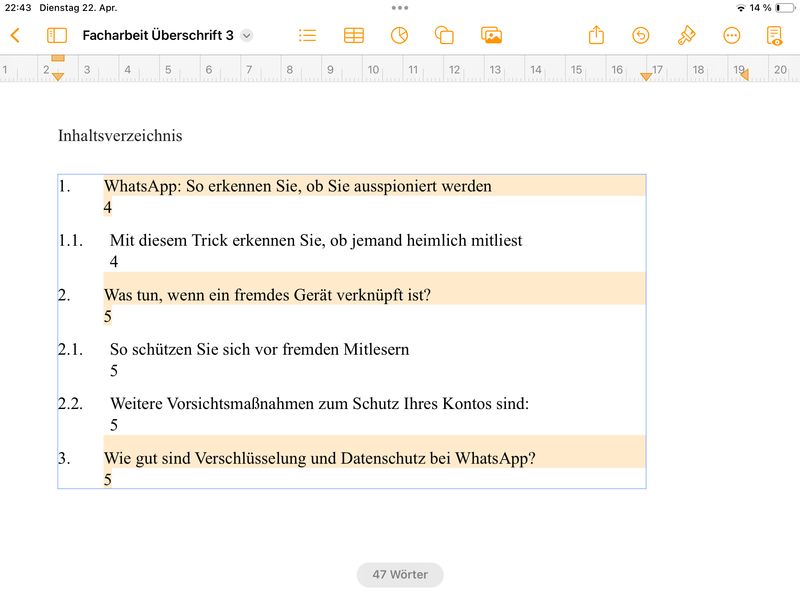 Inhaltsverzeichnis anpassen